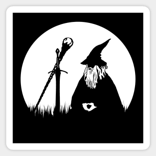 Moon Meditating Wizard - Minimalist Black and White Fantasy Silhouette Sticker